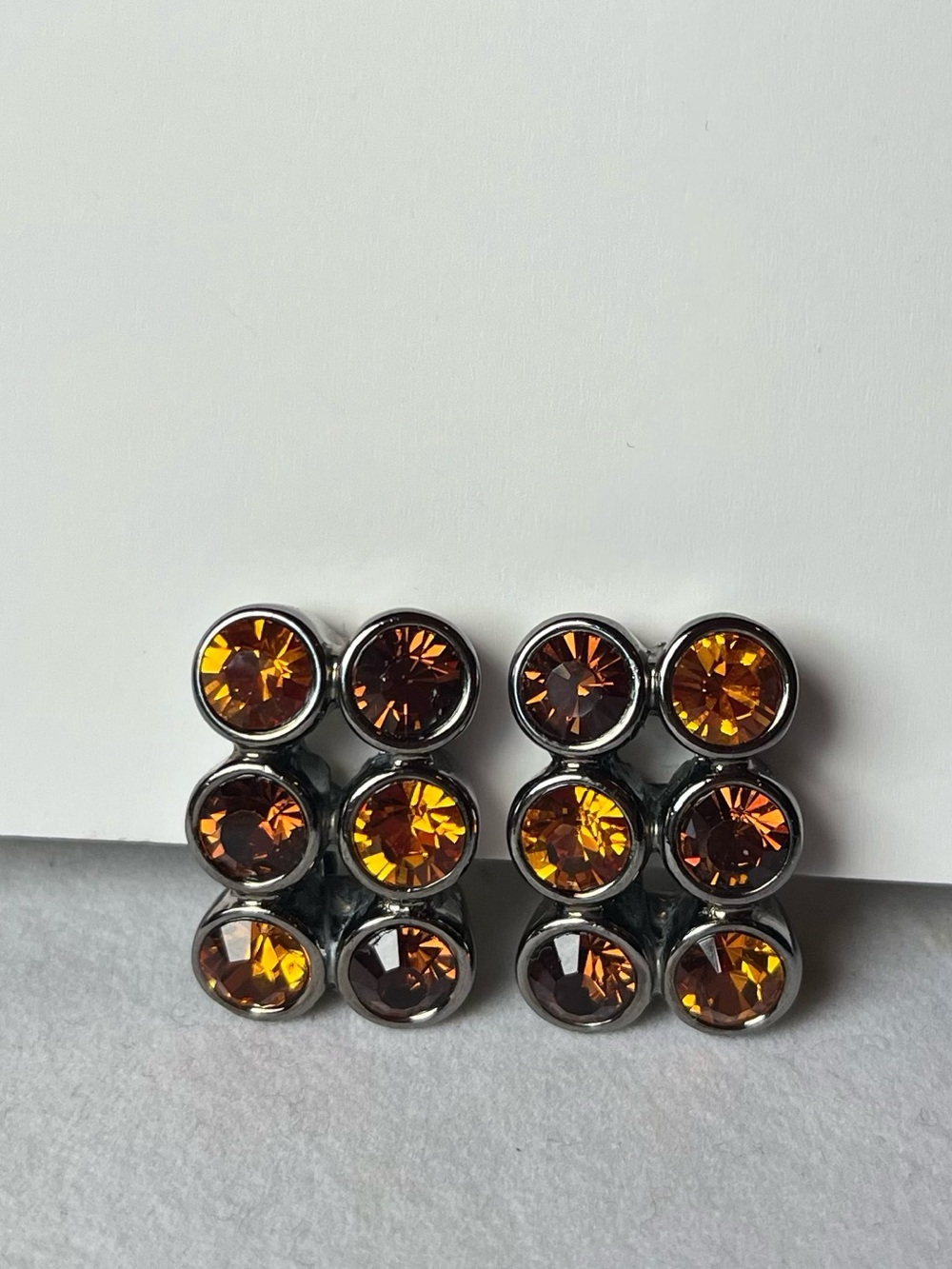 Amber Brown Rhinestone Statement Earrings Gunmetal Tone Made in Italy